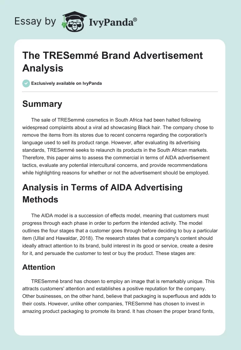 The TRESemmé Brand Advertisement Analysis. Page 1