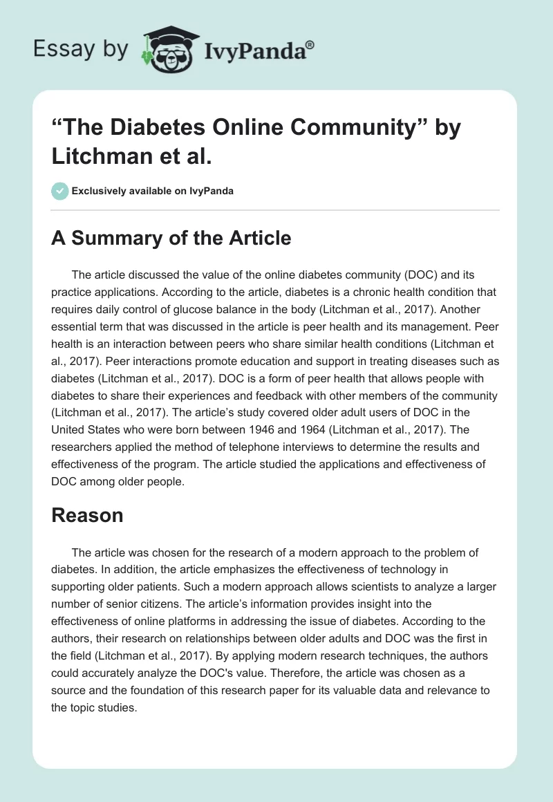 “The Diabetes Online Community” by Litchman et al.. Page 1