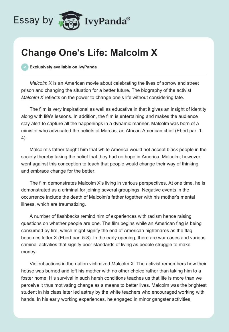 Change One's Life: "Malcolm X". Page 1