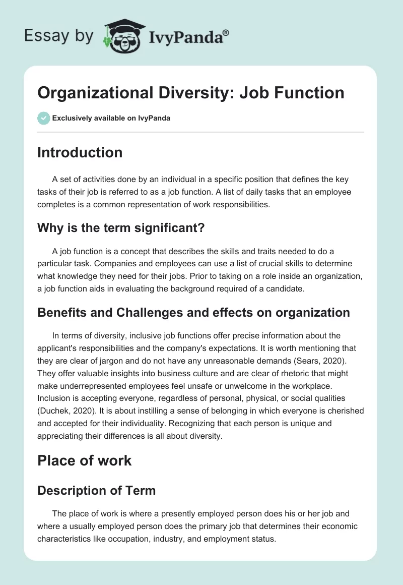 Organizational Diversity: Job Function. Page 1