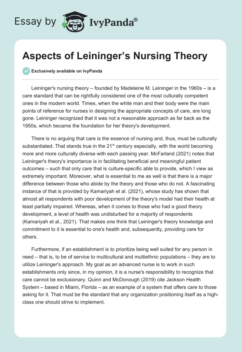 Aspects of Leininger’s Nursing Theory. Page 1