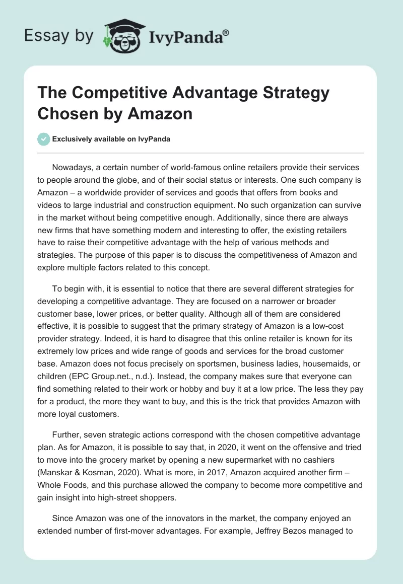 The Competitive Advantage Strategy Chosen by Amazon. Page 1