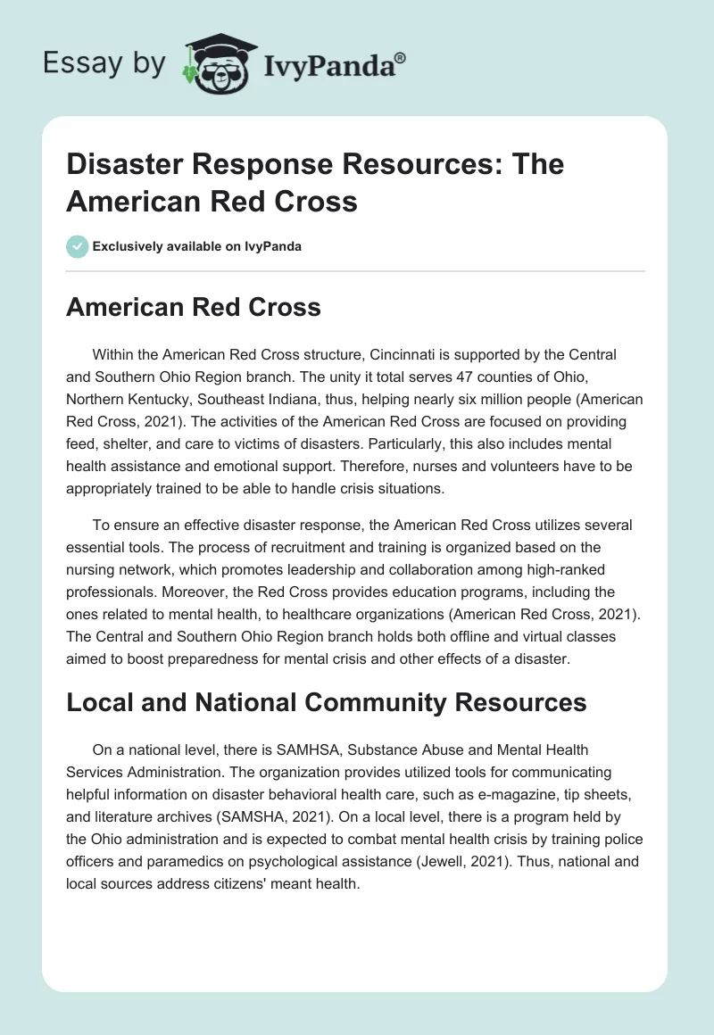 Disaster Response Resources: The American Red Cross. Page 1