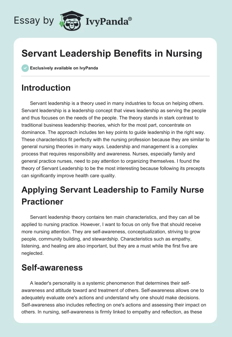 Servant Leadership Benefits in Nursing. Page 1