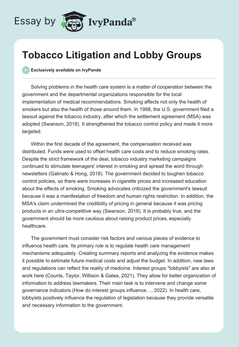 Tobacco Litigation and Lobby Groups. Page 1