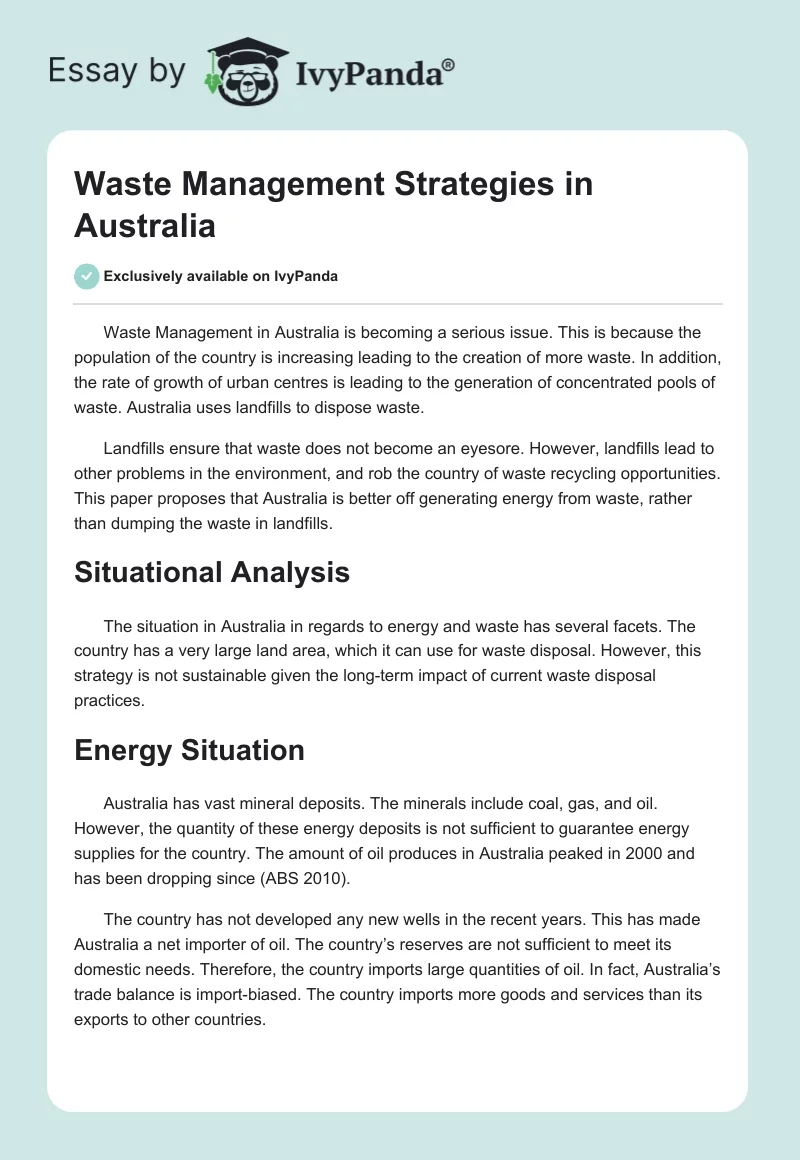 Waste Management Strategies in Australia. Page 1
