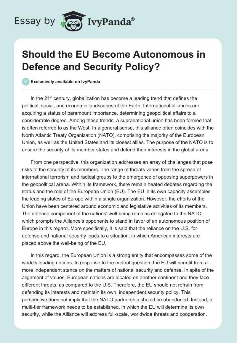Should the EU Become Autonomous in Defence and Security Policy?. Page 1