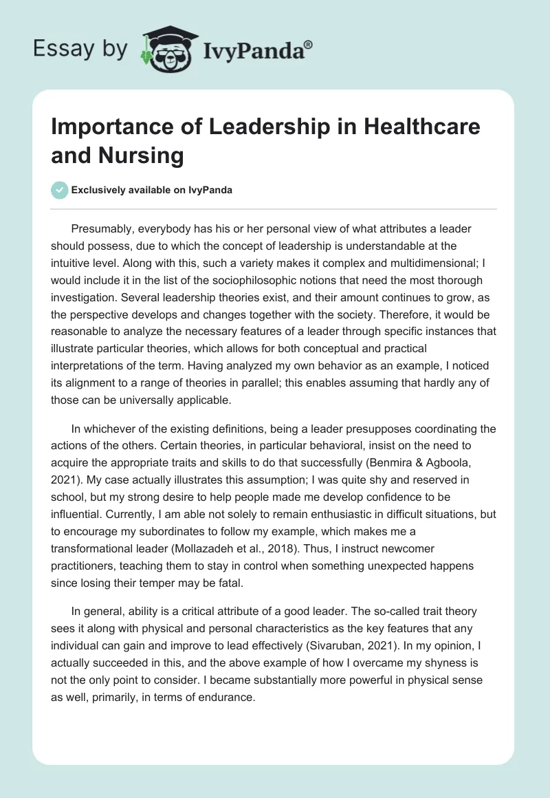 Importance of Leadership in Healthcare and Nursing. Page 1