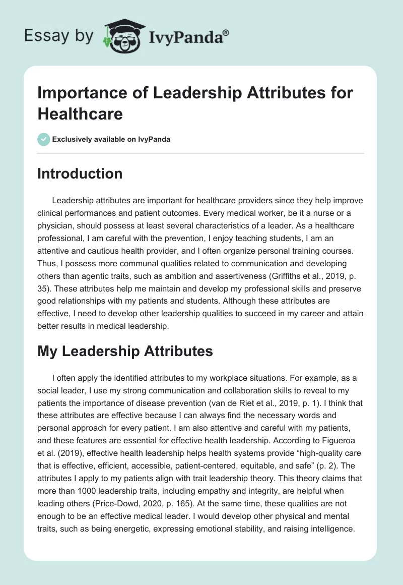 Importance of Leadership Attributes for Healthcare. Page 1