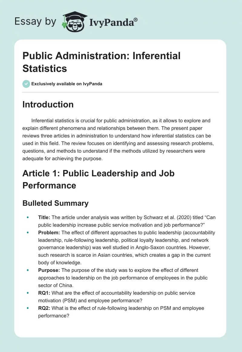 Public Administration: Inferential Statistics. Page 1