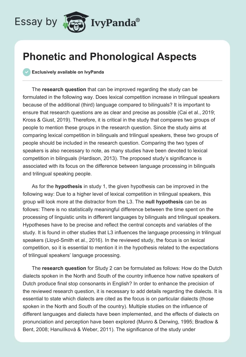 Phonetic and Phonological Aspects. Page 1