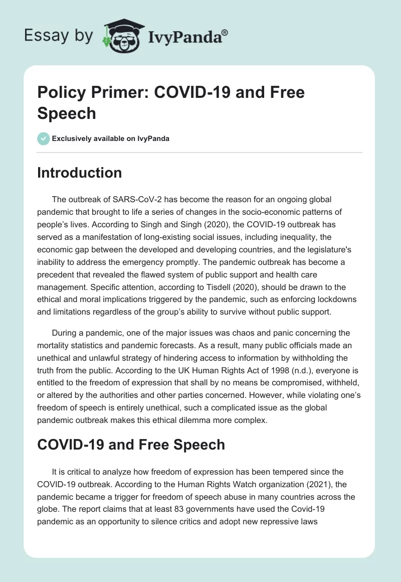Policy Primer: COVID-19 and Free Speech. Page 1