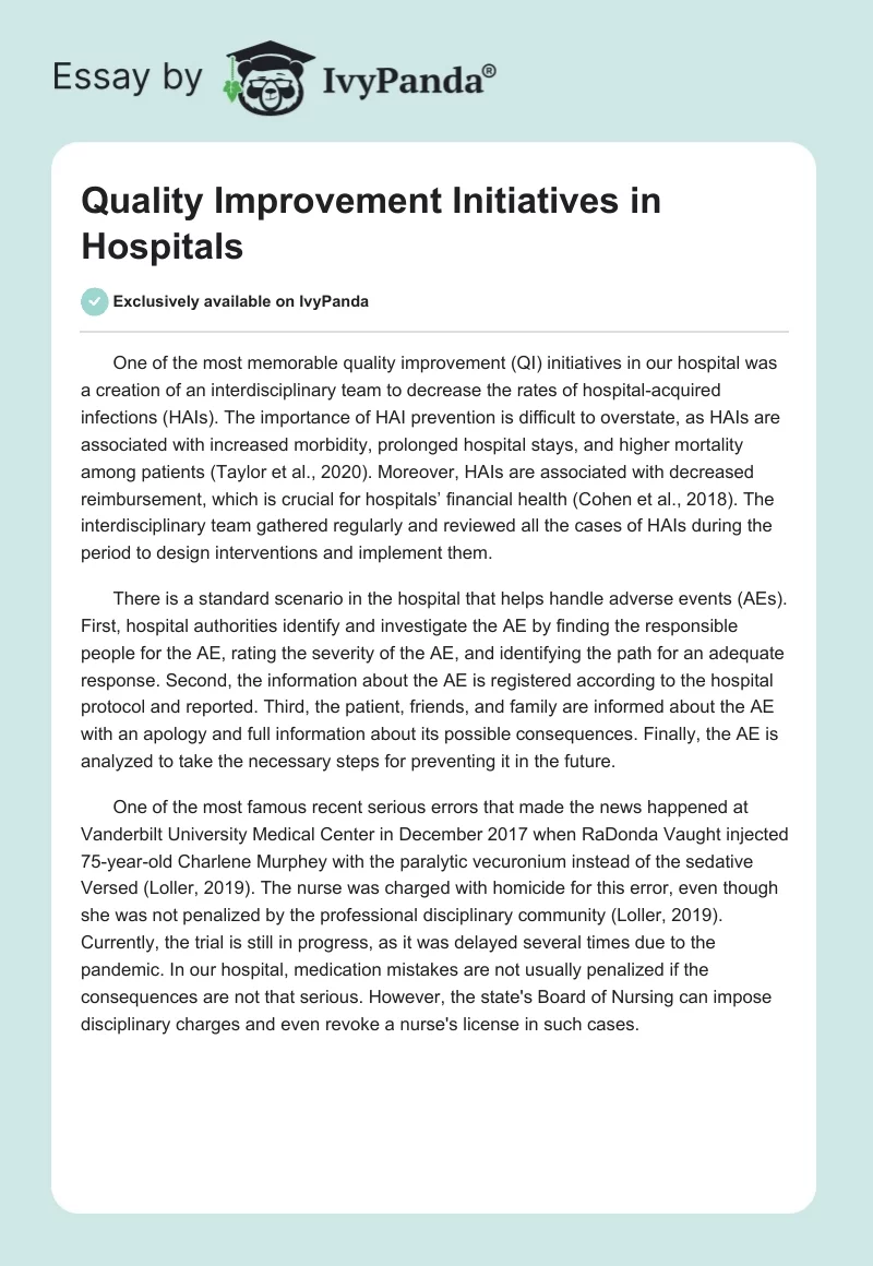Quality Improvement Initiatives in Hospitals. Page 1