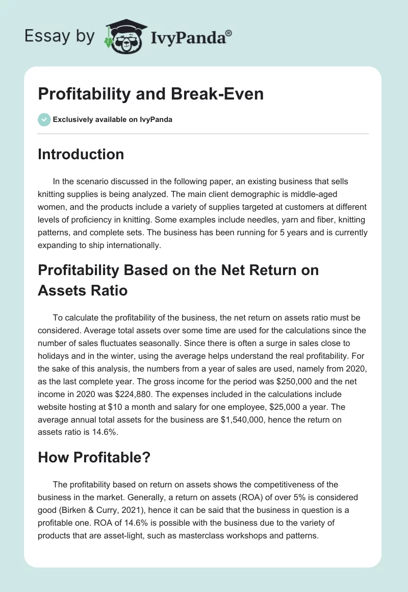 Profitability and Break-Even. Page 1