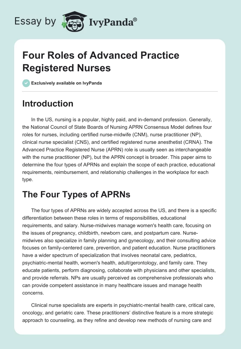 Four Roles of Advanced Practice Registered Nurses. Page 1