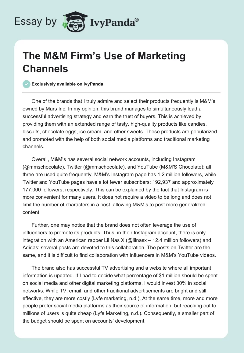 The M&M Firm's Use of Marketing Channels - 342 Words