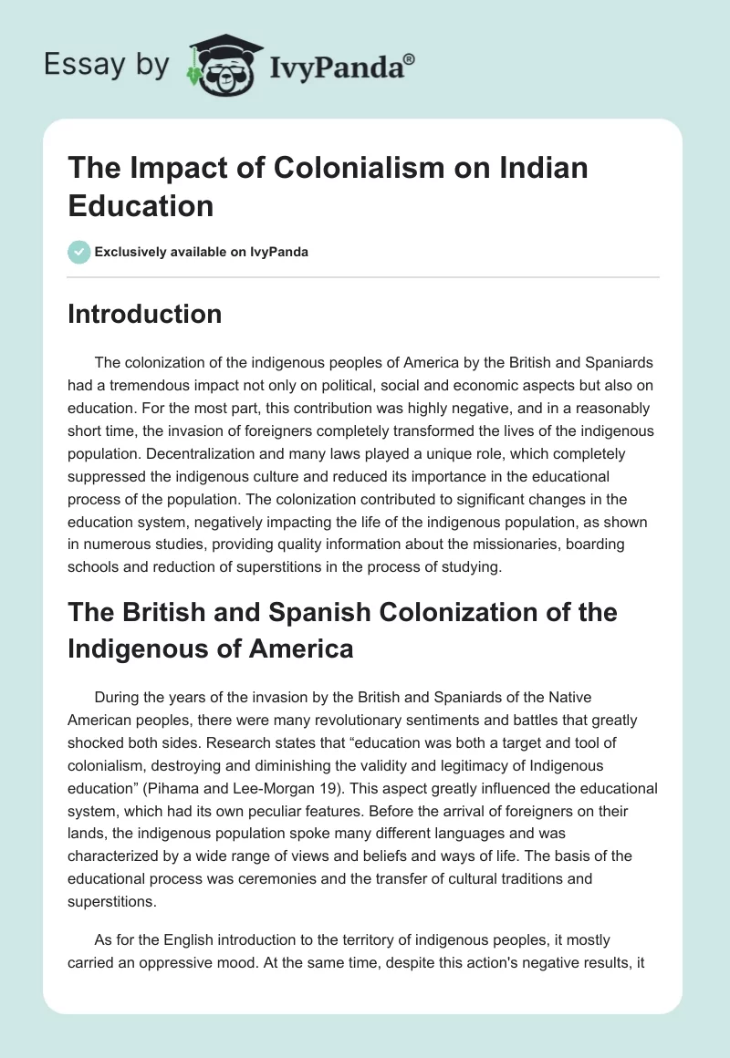 The Impact of Colonialism on Indian Education. Page 1