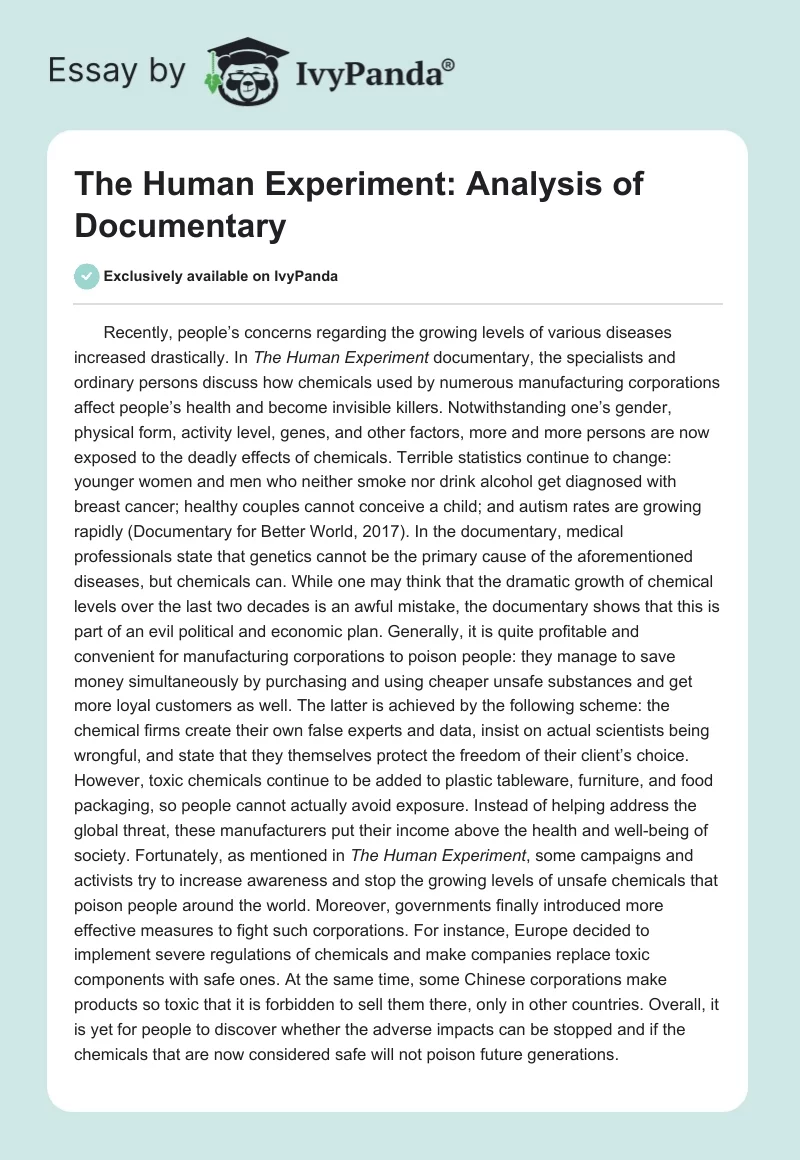 The Human Experiment: Analysis of Documentary. Page 1