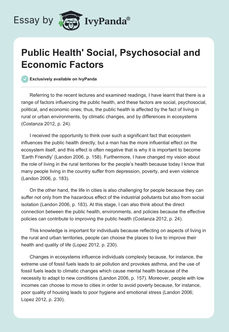 Public Health' Social, Psychosocial and Economic Factors. Page 1