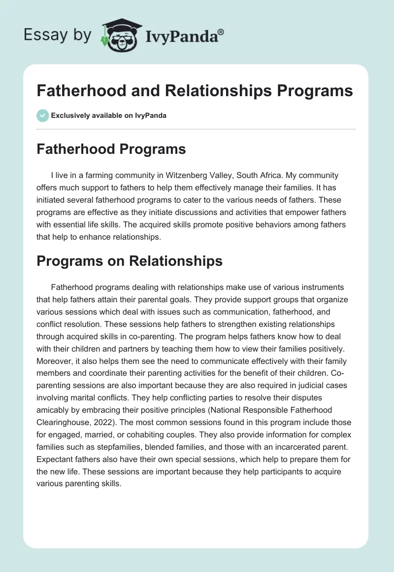 Fatherhood and Relationships Programs. Page 1