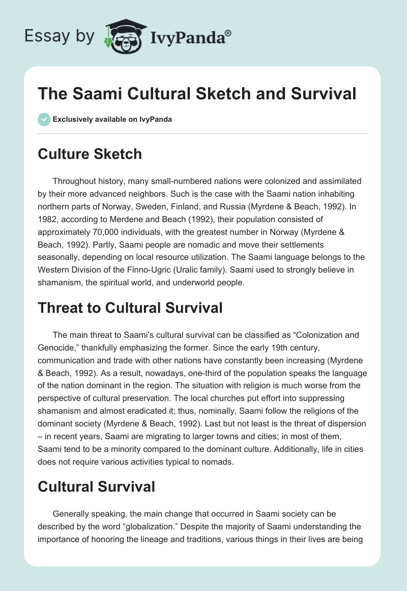 The Saami Cultural Sketch and Survival. Page 1