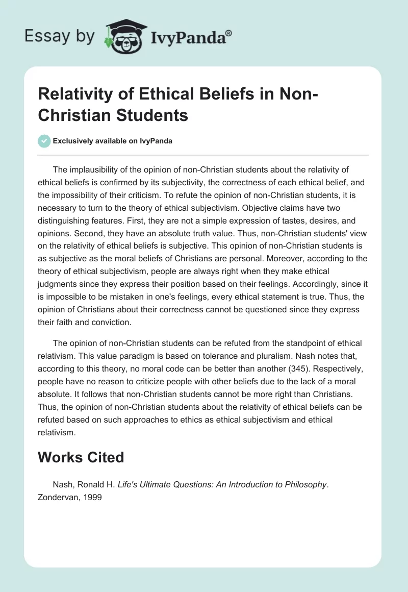 Relativity of Ethical Beliefs in Non-Christian Students. Page 1