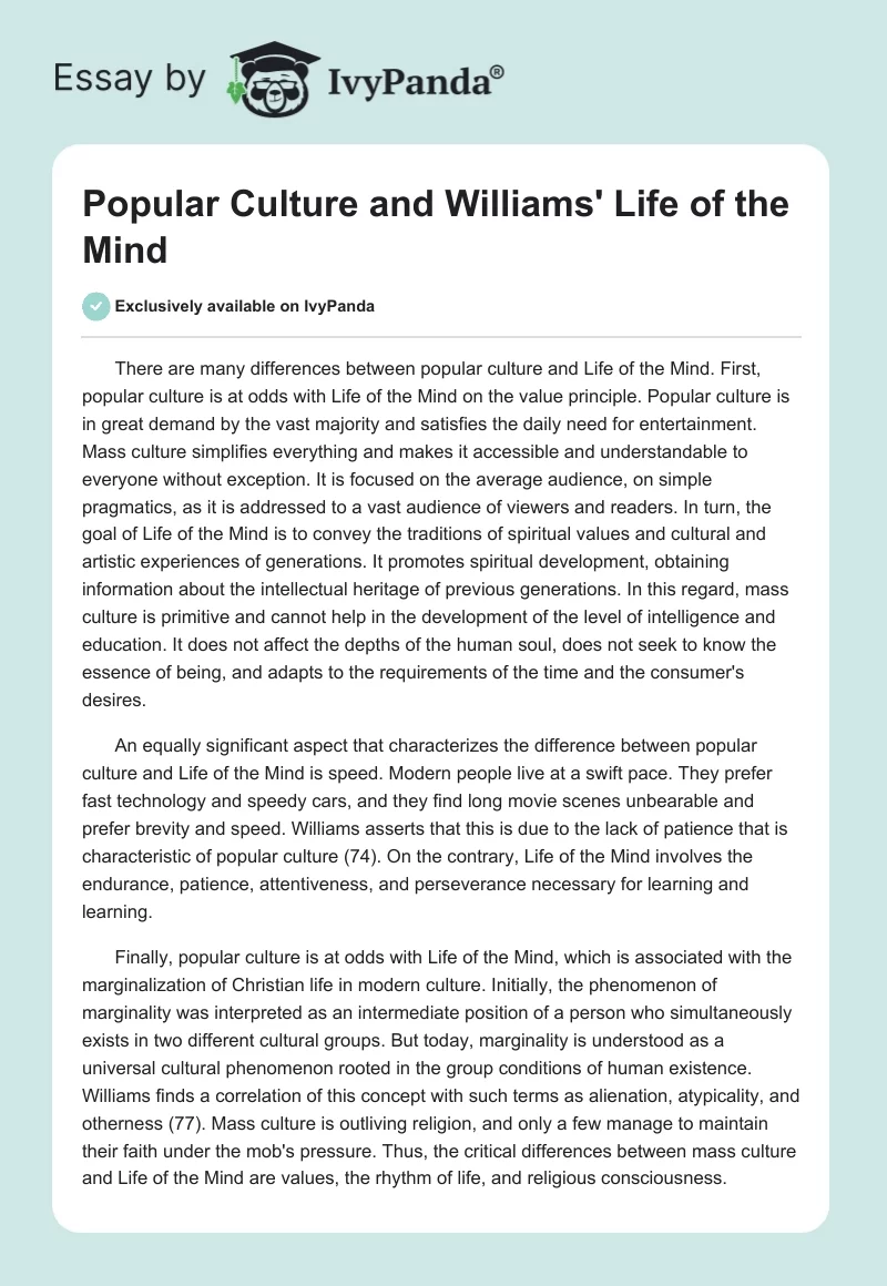 Popular Culture and Williams' Life of the Mind. Page 1