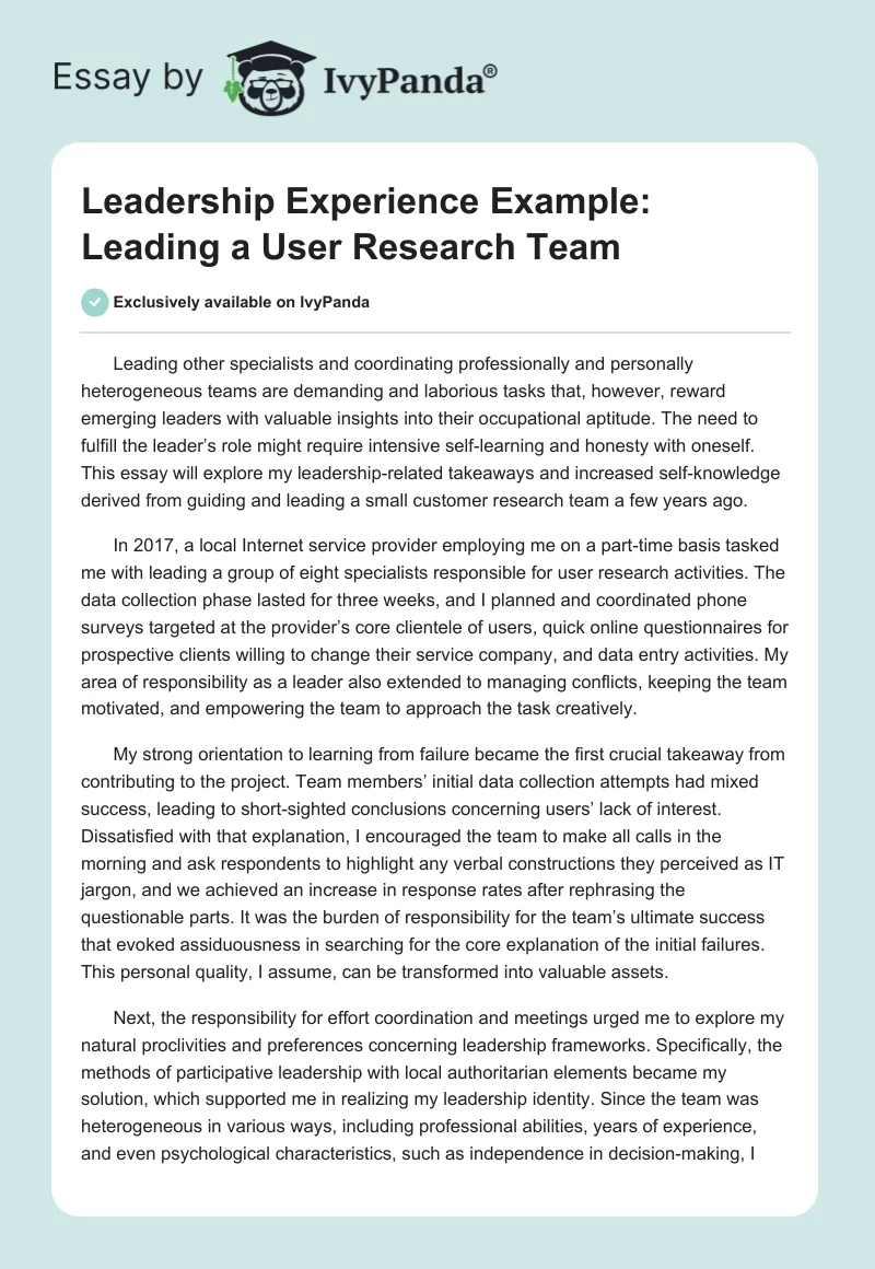 Leadership Experience Example: Leading a User Research Team. Page 1