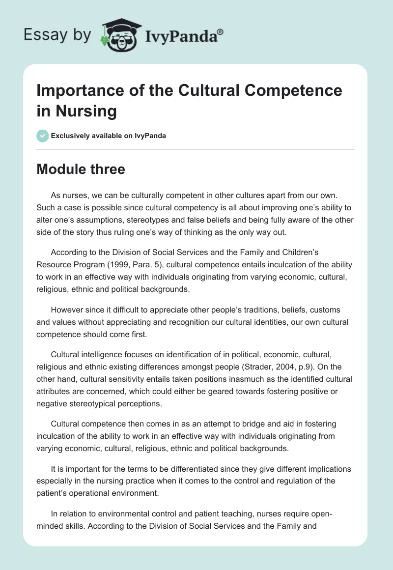 Importance of the Cultural Competence in Nursing. Page 1