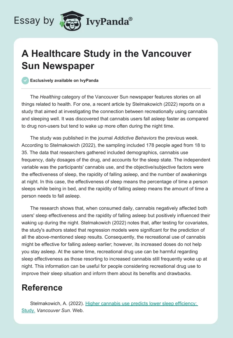 A Healthcare Study in the Vancouver Sun Newspaper. Page 1