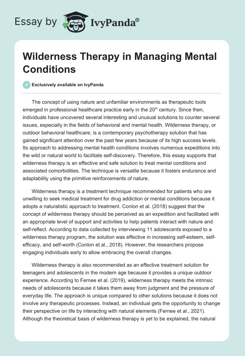 Wilderness Therapy in Managing Mental Conditions. Page 1