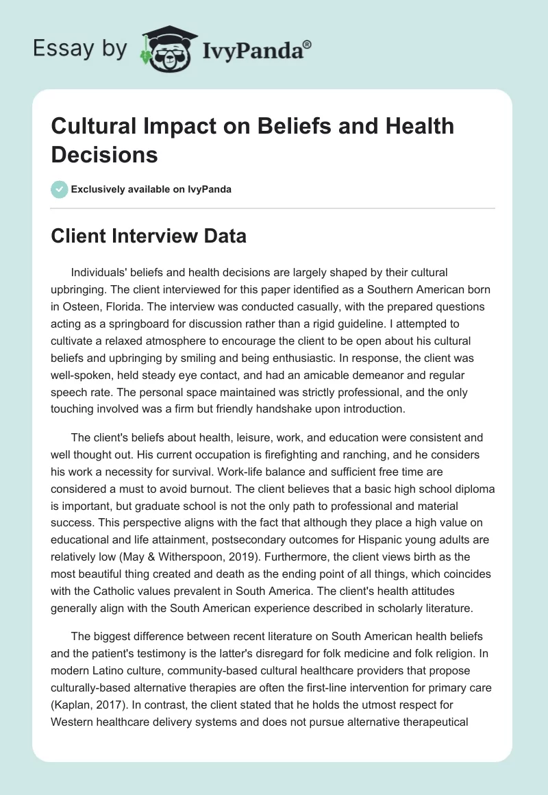 Cultural Impact on Beliefs and Health Decisions. Page 1