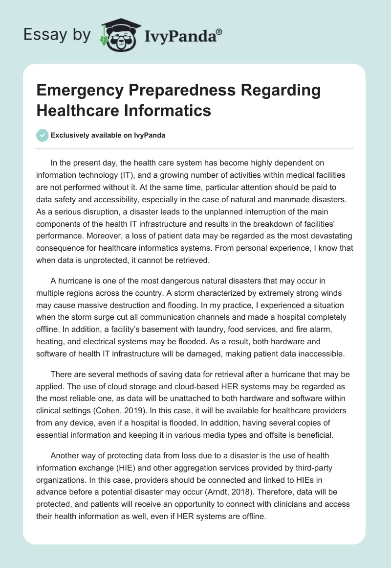 Emergency Preparedness Regarding Healthcare Informatics. Page 1