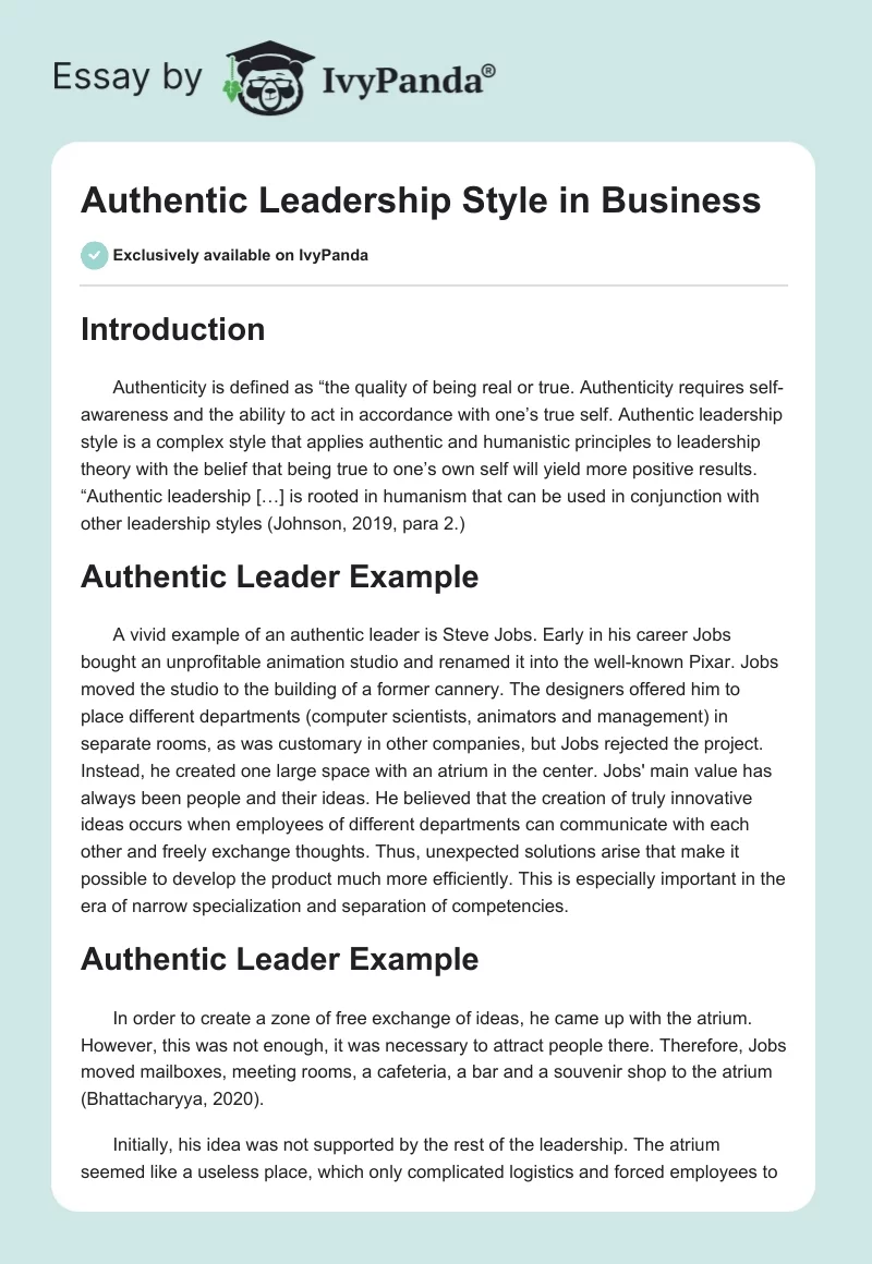 Authentic Leadership Style in Business. Page 1