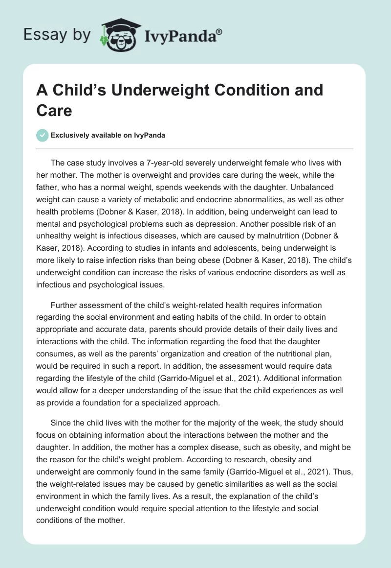 A Child’s Underweight Condition and Care. Page 1