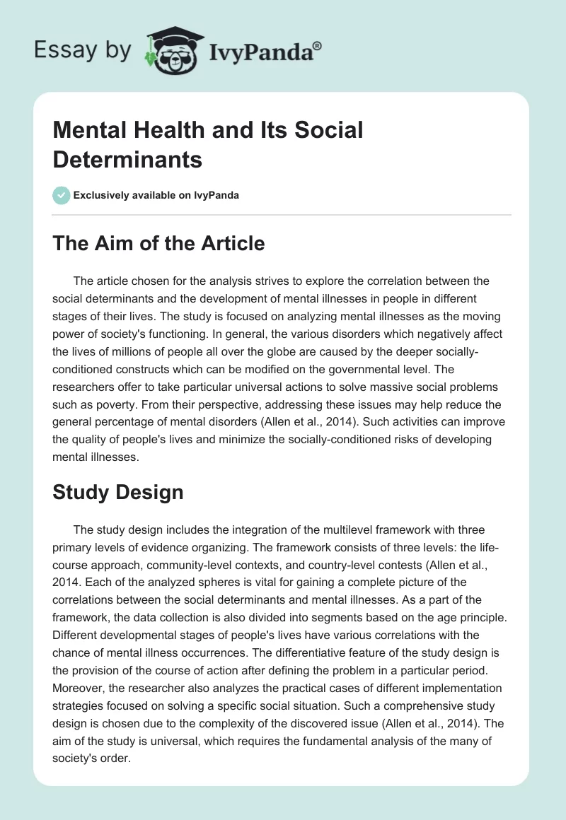 Mental Health and Its Social Determinants. Page 1
