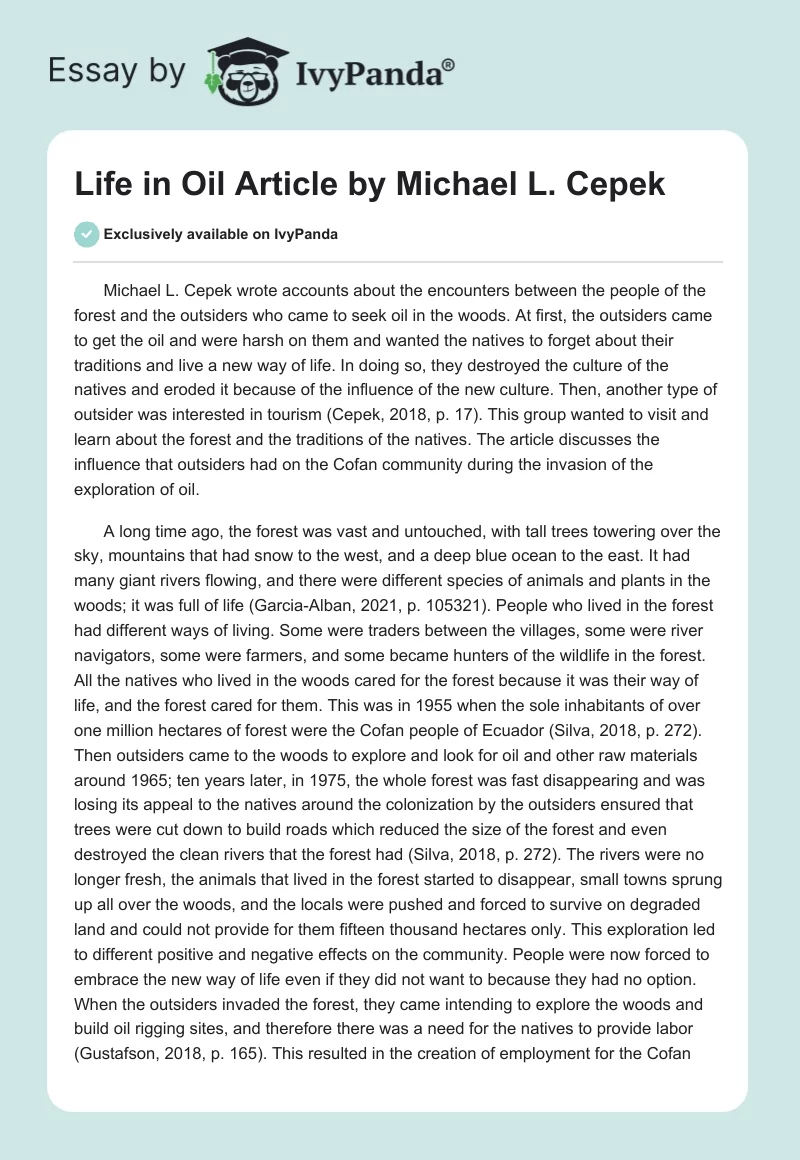 Life in Oil Article by Michael L. Cepek. Page 1