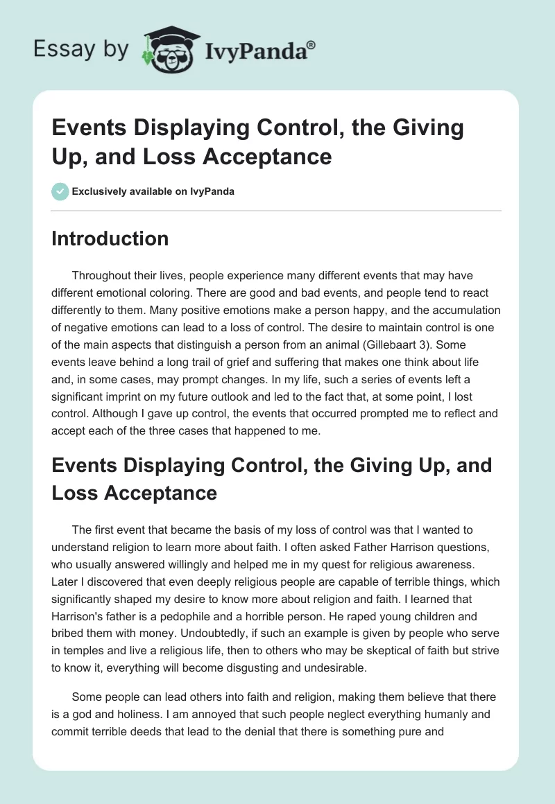 Events Displaying Control, the Giving Up, and Loss Acceptance. Page 1