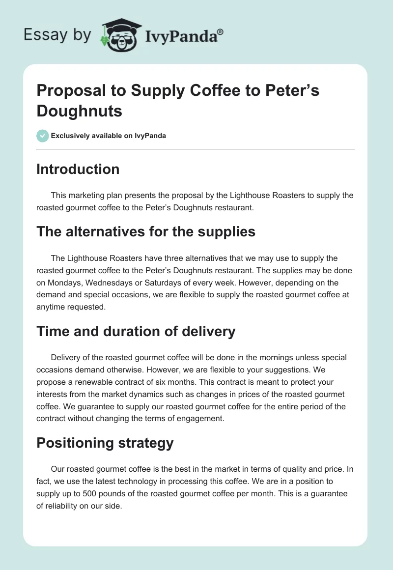 Proposal to Supply Coffee to Peter’s Doughnuts. Page 1
