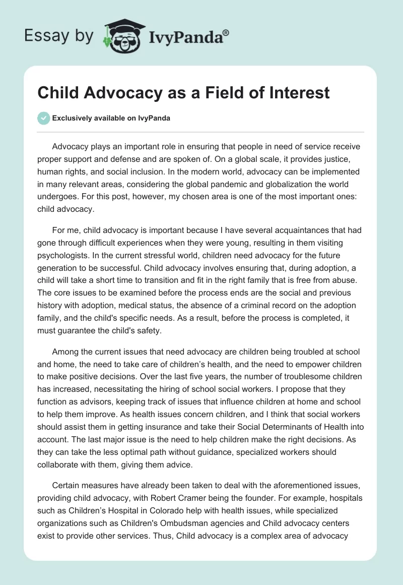 Child Advocacy as a Field of Interest. Page 1
