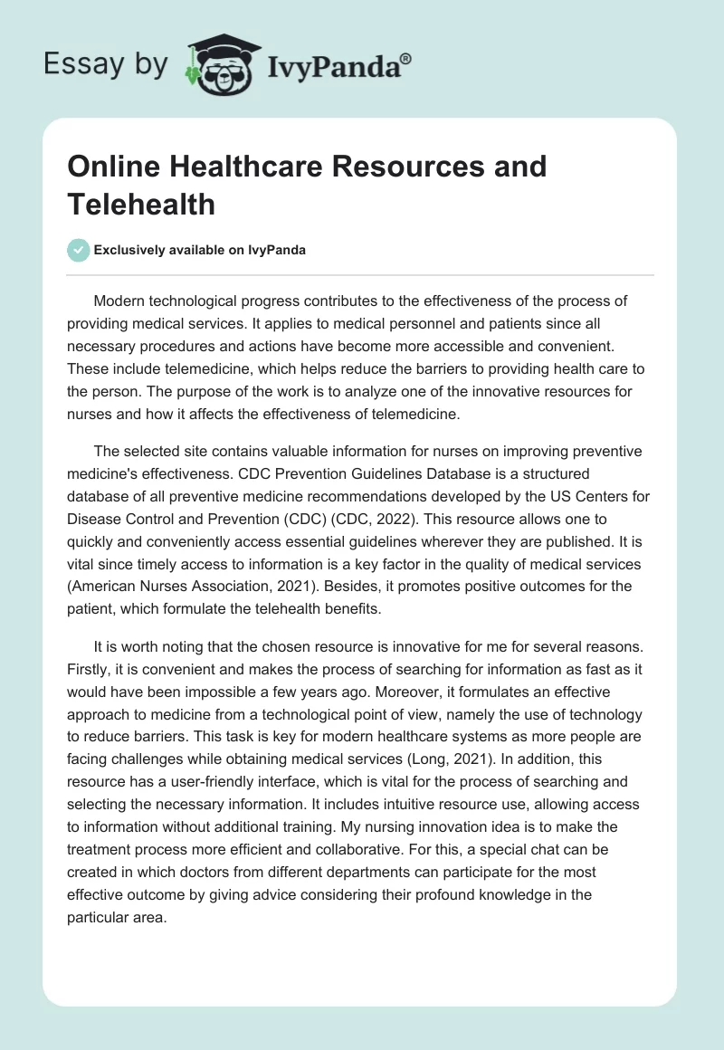 Online Healthcare Resources and Telehealth. Page 1