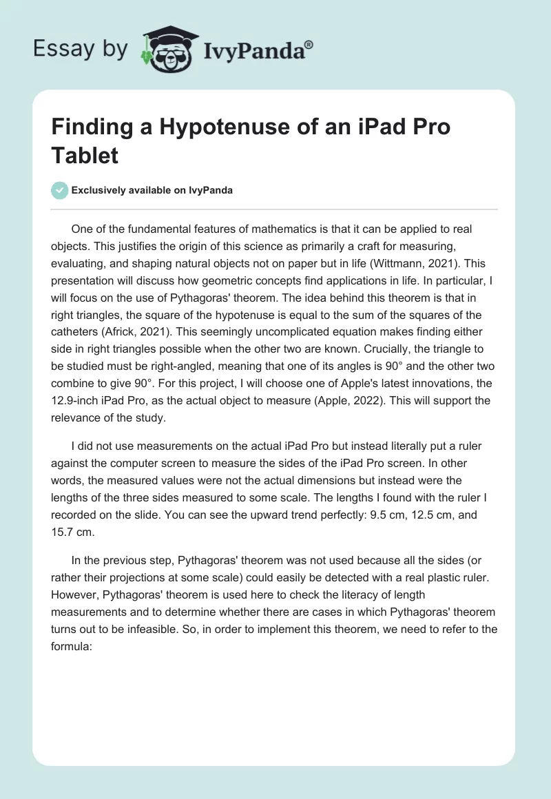 Finding a Hypotenuse of an iPad Pro Tablet. Page 1