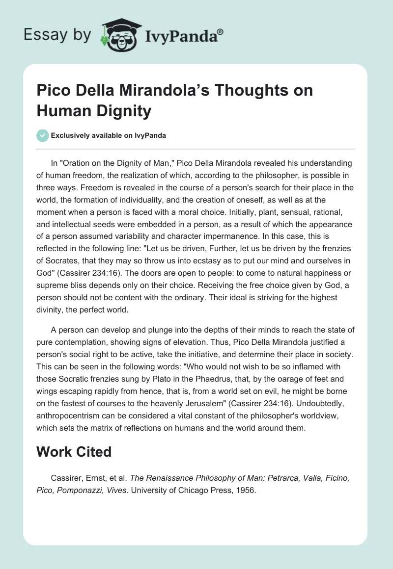 Pico Della Mirandola’s Thoughts on Human Dignity. Page 1