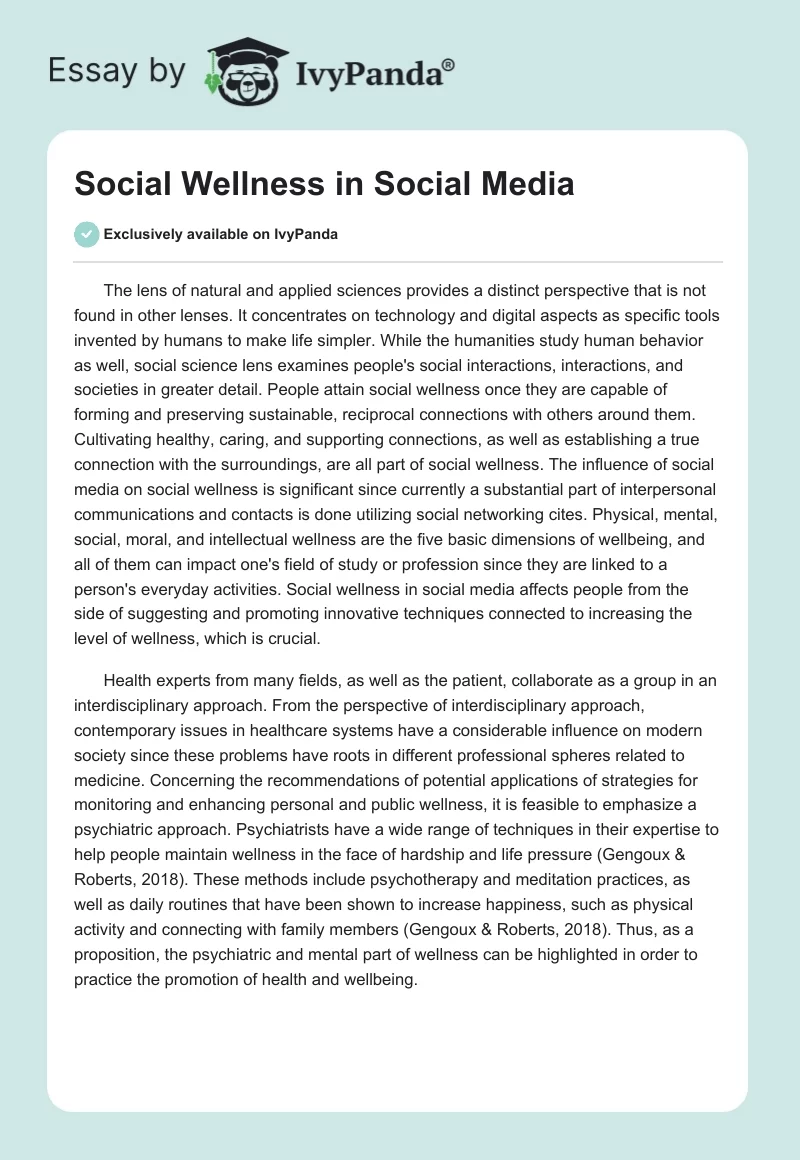 Social Wellness in Social Media. Page 1