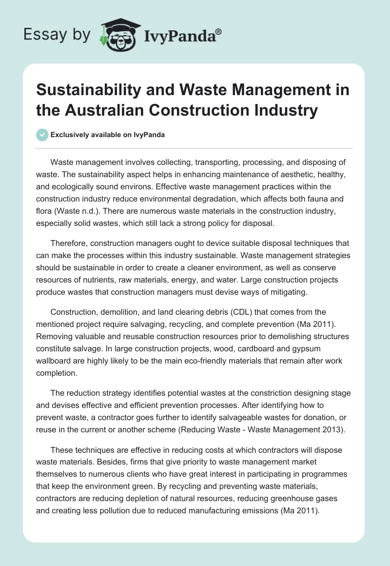 Sustainability and Waste Management in the Australian Construction Industry. Page 1