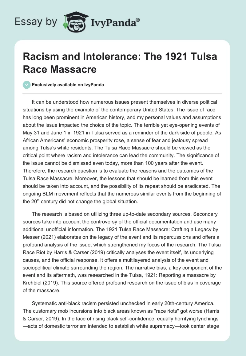 Racism and Intolerance: The 1921 Tulsa Race Massacre. Page 1
