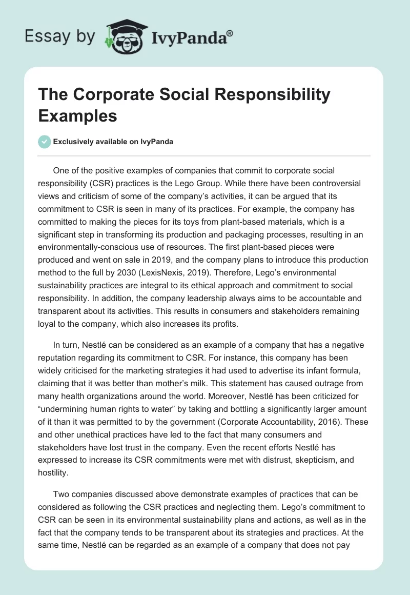 The Corporate Social Responsibility Examples. Page 1