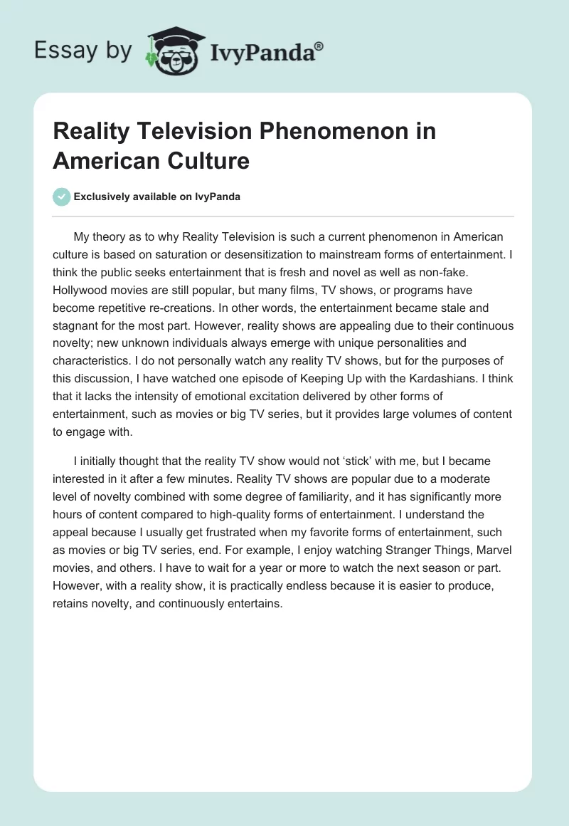 Reality Television Phenomenon in American Culture. Page 1