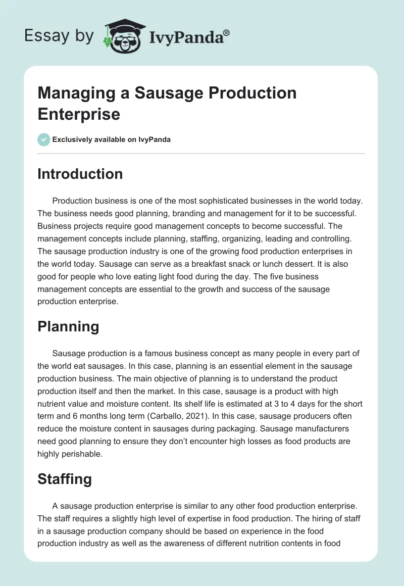 Managing a Sausage Production Enterprise. Page 1