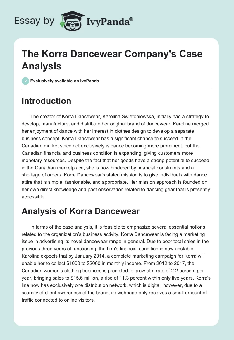 The Korra Dancewear Company's Case Analysis. Page 1